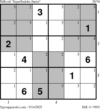 The grouppuzzles.com Difficult SuperSudoku-Junior puzzle for Sunday September 14, 2025 with all 4 steps marked