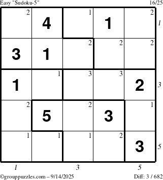The grouppuzzles.com Easy Sudoku-5 puzzle for Sunday September 14, 2025 with all 3 steps marked