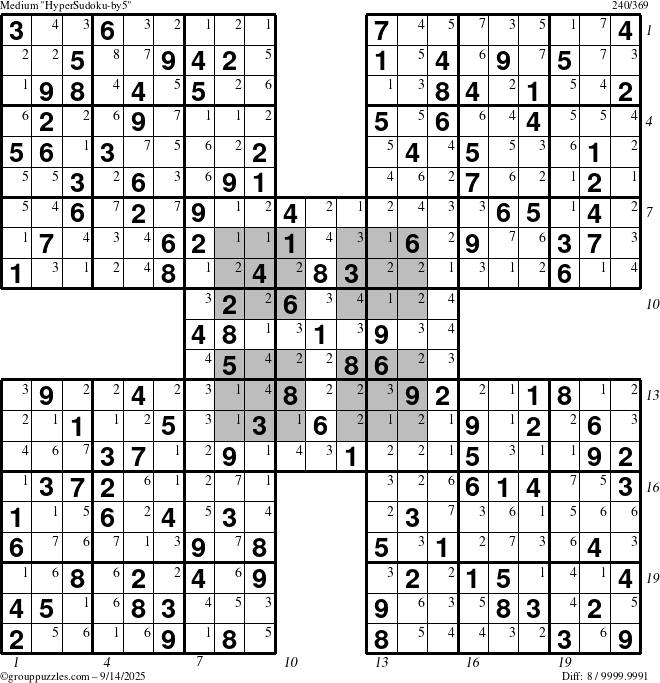 The grouppuzzles.com Medium HyperSudoku-by5 puzzle for Sunday September 14, 2025 with all 8 steps marked
