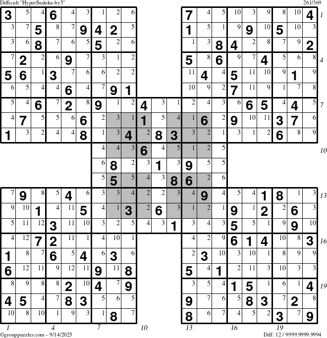 The grouppuzzles.com Difficult HyperSudoku-by5 puzzle for Sunday September 14, 2025, suitable for printing, with all 12 steps marked