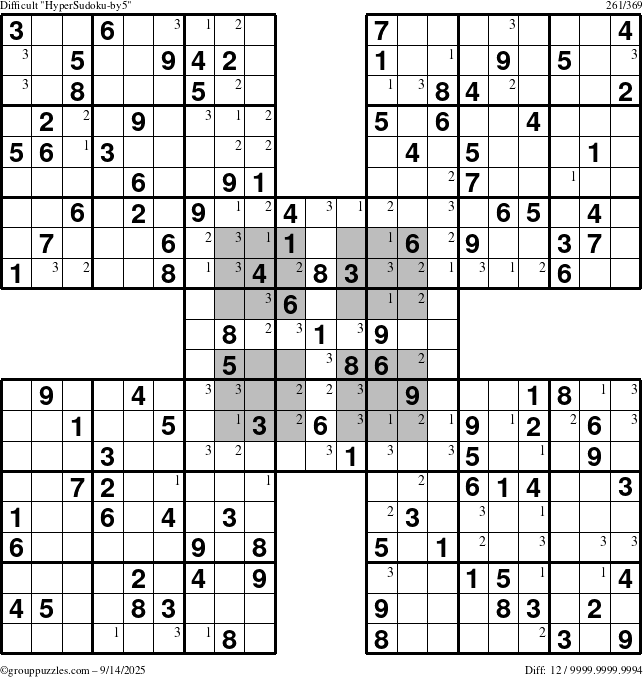 The grouppuzzles.com Difficult HyperSudoku-by5 puzzle for Sunday September 14, 2025 with the first 3 steps marked