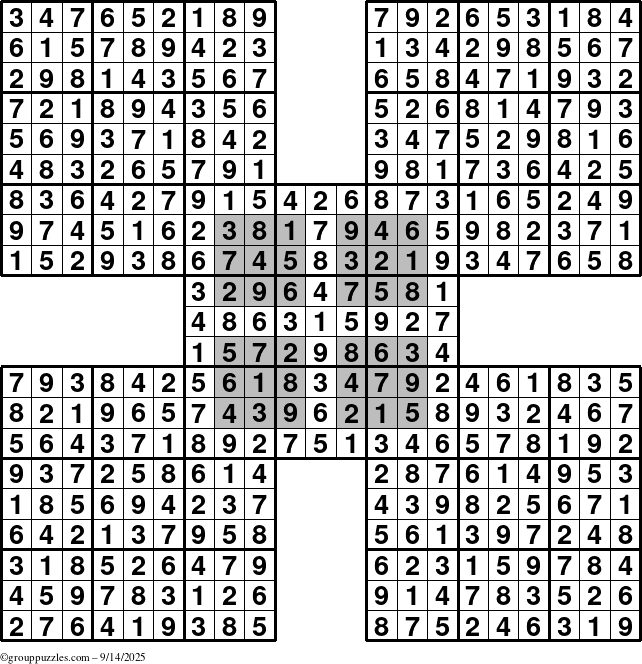 The grouppuzzles.com Answer grid for the HyperSudoku-by5 puzzle for Sunday September 14, 2025