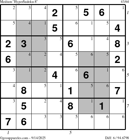 The grouppuzzles.com Medium HyperSudoku-8 puzzle for Sunday September 14, 2025 with all 6 steps marked