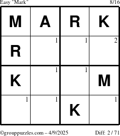 The grouppuzzles.com Easy Mark puzzle for Wednesday April 9, 2025 with the first 2 steps marked