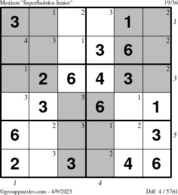 The grouppuzzles.com Medium SuperSudoku-Junior puzzle for Wednesday April 9, 2025 with all 4 steps marked