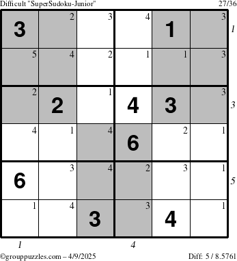 The grouppuzzles.com Difficult SuperSudoku-Junior puzzle for Wednesday April 9, 2025, suitable for printing, with all 5 steps marked