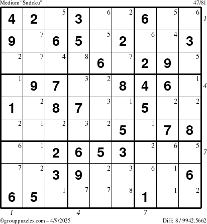 The grouppuzzles.com Medium Sudoku puzzle for Wednesday April 9, 2025, suitable for printing, with all 8 steps marked