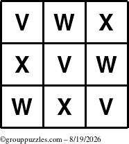 The grouppuzzles.com Answer grid for the TicTac-VWX puzzle for Wednesday August 19, 2026