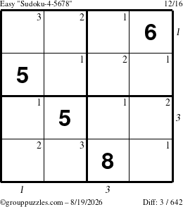 The grouppuzzles.com Easy Sudoku-4-5678 puzzle for Wednesday August 19, 2026, suitable for printing, with all 3 steps marked