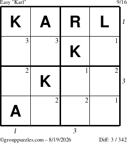 The grouppuzzles.com Easy Karl puzzle for Wednesday August 19, 2026 with all 3 steps marked