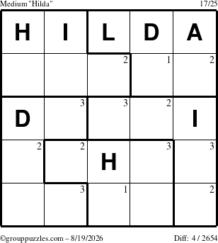 The grouppuzzles.com Medium Hilda puzzle for Wednesday August 19, 2026 with the first 3 steps marked