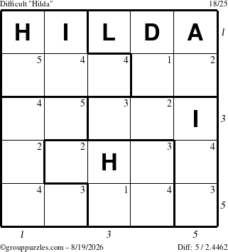 The grouppuzzles.com Difficult Hilda puzzle for Wednesday August 19, 2026 with all 5 steps marked