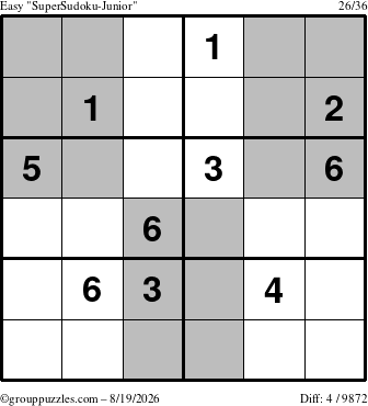 The grouppuzzles.com Easy SuperSudoku-Junior puzzle for Wednesday August 19, 2026