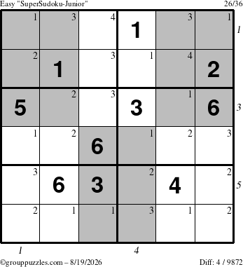 The grouppuzzles.com Easy SuperSudoku-Junior puzzle for Wednesday August 19, 2026 with all 4 steps marked