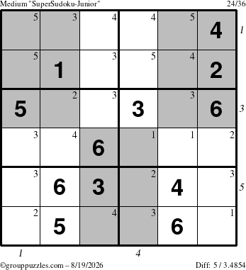 The grouppuzzles.com Medium SuperSudoku-Junior puzzle for Wednesday August 19, 2026 with all 5 steps marked