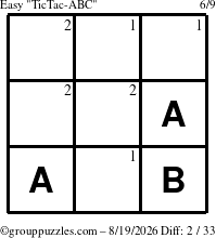 The grouppuzzles.com Easy TicTac-ABC puzzle for Wednesday August 19, 2026 with the first 2 steps marked