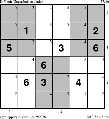 The grouppuzzles.com Difficult SuperSudoku-Junior puzzle for Wednesday August 19, 2026, suitable for printing, with all 5 steps marked