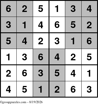 The grouppuzzles.com Answer grid for the SuperSudoku-Junior puzzle for Wednesday August 19, 2026