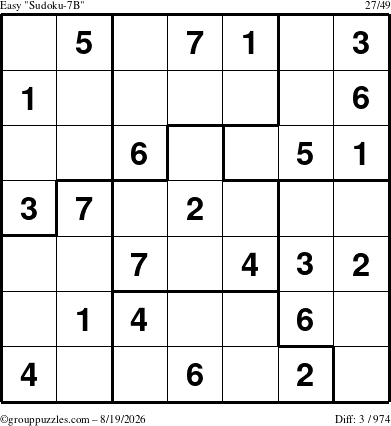 The grouppuzzles.com Easy Sudoku-7B puzzle for Wednesday August 19, 2026