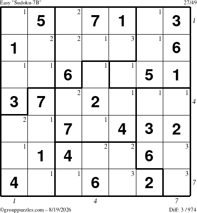 The grouppuzzles.com Easy Sudoku-7B puzzle for Wednesday August 19, 2026, suitable for printing, with all 3 steps marked