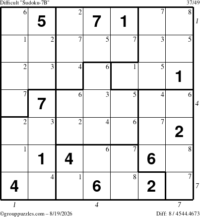 The grouppuzzles.com Difficult Sudoku-7B puzzle for Wednesday August 19, 2026, suitable for printing, with all 8 steps marked