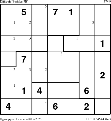 The grouppuzzles.com Difficult Sudoku-7B puzzle for Wednesday August 19, 2026 with the first 3 steps marked