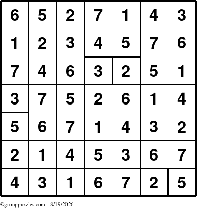 The grouppuzzles.com Answer grid for the Sudoku-7B puzzle for Wednesday August 19, 2026
