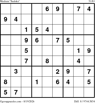 The grouppuzzles.com Medium Sudoku puzzle for Wednesday August 19, 2026