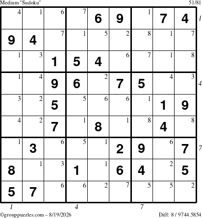 The grouppuzzles.com Medium Sudoku puzzle for Wednesday August 19, 2026, suitable for printing, with all 8 steps marked