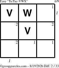 The grouppuzzles.com Easy TicTac-VWX puzzle for Wednesday August 19, 2026 with all 2 steps marked