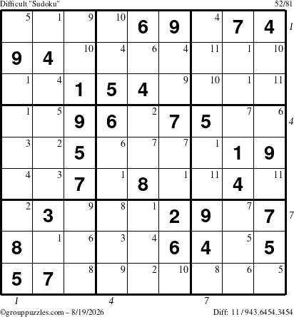 The grouppuzzles.com Difficult Sudoku puzzle for Wednesday August 19, 2026, suitable for printing, with all 11 steps marked