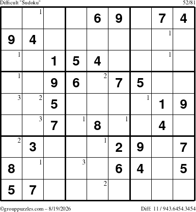The grouppuzzles.com Difficult Sudoku puzzle for Wednesday August 19, 2026 with the first 3 steps marked