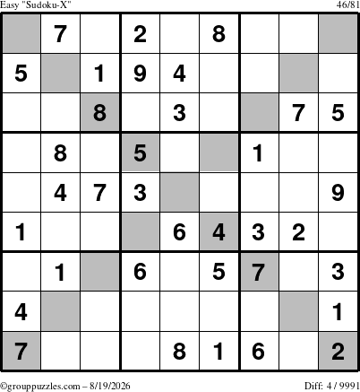 The grouppuzzles.com Easy Sudoku-X puzzle for Wednesday August 19, 2026