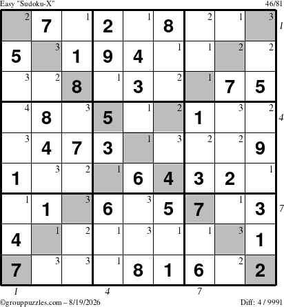 The grouppuzzles.com Easy Sudoku-X puzzle for Wednesday August 19, 2026, suitable for printing, with all 4 steps marked