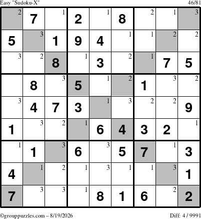 The grouppuzzles.com Easy Sudoku-X puzzle for Wednesday August 19, 2026 with the first 3 steps marked