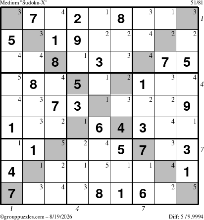 The grouppuzzles.com Medium Sudoku-X puzzle for Wednesday August 19, 2026 with all 5 steps marked