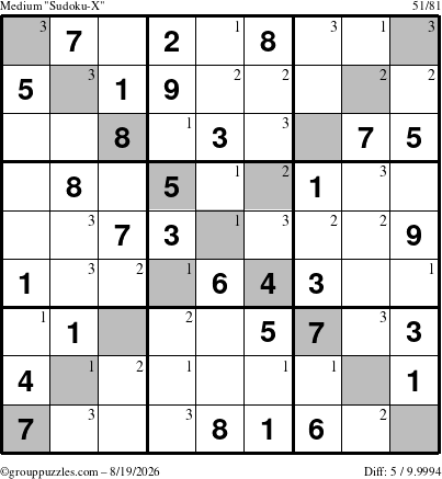 The grouppuzzles.com Medium Sudoku-X puzzle for Wednesday August 19, 2026 with the first 3 steps marked