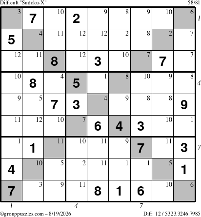 The grouppuzzles.com Difficult Sudoku-X puzzle for Wednesday August 19, 2026 with all 12 steps marked