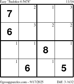 The grouppuzzles.com Easy Sudoku-4-5678 puzzle for Wednesday September 17, 2025 with the first 3 steps marked