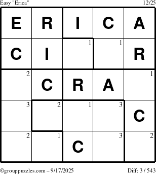 The grouppuzzles.com Easy Erica puzzle for Wednesday September 17, 2025 with the first 3 steps marked