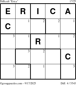 The grouppuzzles.com Difficult Erica puzzle for Wednesday September 17, 2025 with the first 3 steps marked