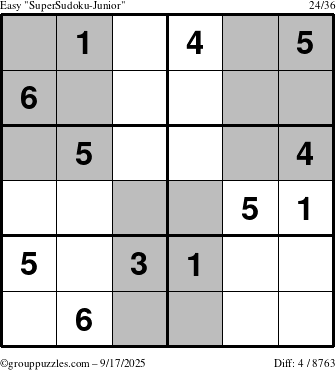 The grouppuzzles.com Easy SuperSudoku-Junior puzzle for Wednesday September 17, 2025