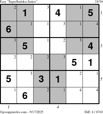 The grouppuzzles.com Easy SuperSudoku-Junior puzzle for Wednesday September 17, 2025 with all 4 steps marked