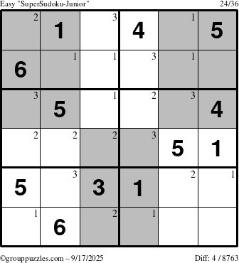 The grouppuzzles.com Easy SuperSudoku-Junior puzzle for Wednesday September 17, 2025 with the first 3 steps marked