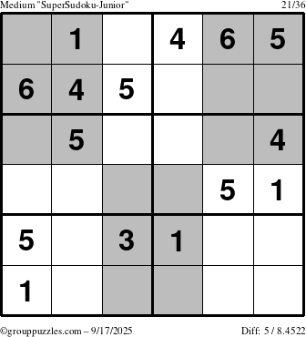 The grouppuzzles.com Medium SuperSudoku-Junior puzzle for Wednesday September 17, 2025