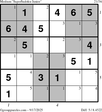 The grouppuzzles.com Medium SuperSudoku-Junior puzzle for Wednesday September 17, 2025 with all 5 steps marked
