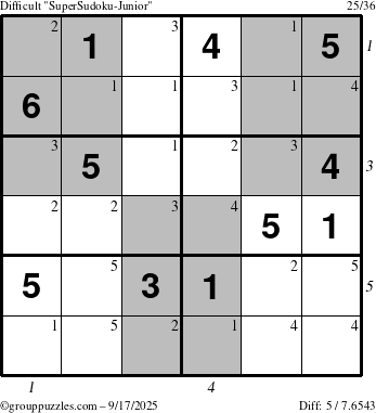 The grouppuzzles.com Difficult SuperSudoku-Junior puzzle for Wednesday September 17, 2025 with all 5 steps marked