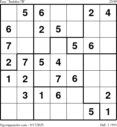The grouppuzzles.com Easy Sudoku-7B puzzle for Wednesday September 17, 2025