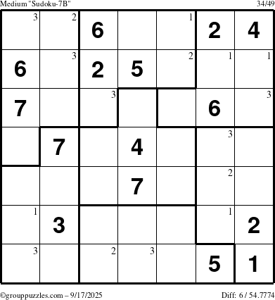 The grouppuzzles.com Medium Sudoku-7B puzzle for Wednesday September 17, 2025 with the first 3 steps marked