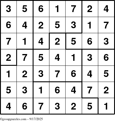 The grouppuzzles.com Answer grid for the Sudoku-7B puzzle for Wednesday September 17, 2025